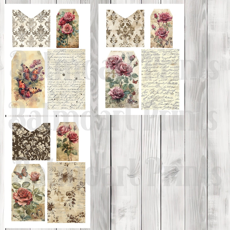 Brown and Burgundy Rose Tags with Pockets , Journal Pages, Pocket, Ephemera, Tags, Printable, Scrapbook Kit, Digital Download