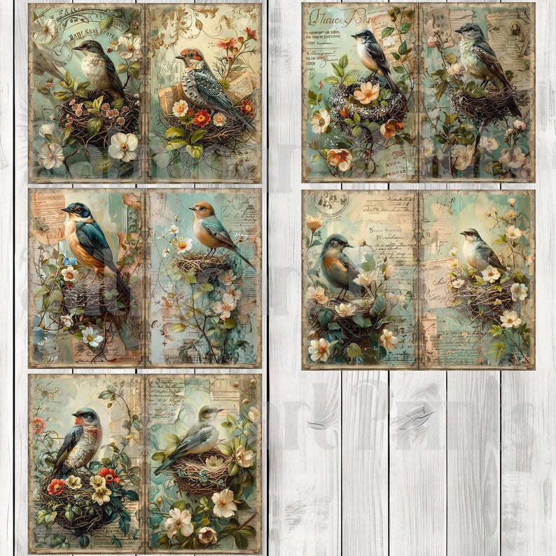 Vintage Nesting Birds - Journal Paper Set, Junk Journal Pages, Flower Junk Journal Paper, Printable Journal, Scrapbook Paper, Digital Paper