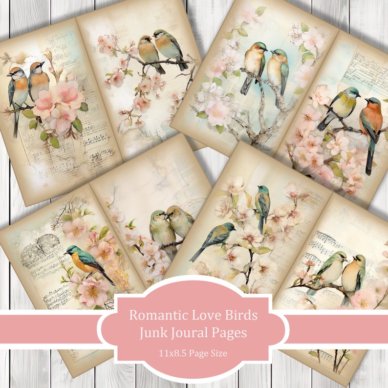 Romantic Love Birds - Journal Paper Set, Junk Journal Pages, Flower Junk Journal Paper, Printable Journal, Scrapbook Paper, Digital Paper