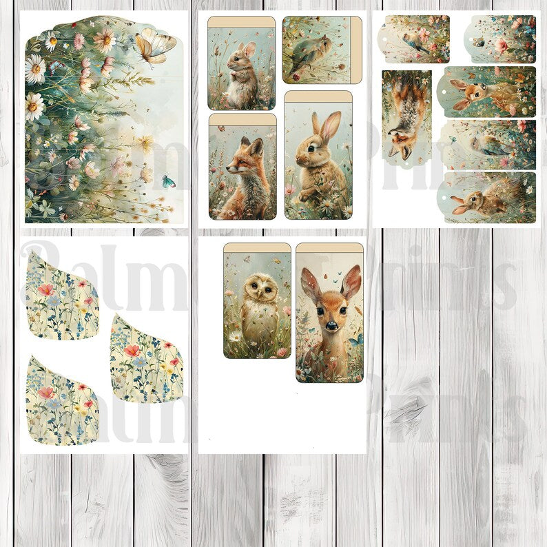 Meadow Friends Folio Kit - Journal Paper Set, Junk Journal Folio, Printable Journal, Scrapbook Paper, Woodland Animals, Floral