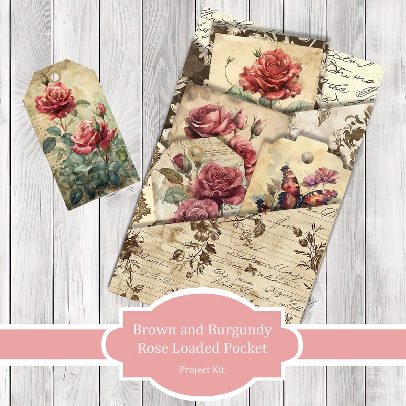 Brown and Burgundy Rose Loaded Pocket Kit , Journal Pages, Pocket, Ephemera, Tags, Printable, Scrapbook Kit, Digital Download