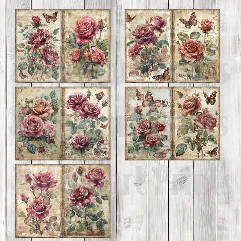 Burgundy Rose - Journal Paper Set, Junk Journal Pages, Flower Junk Journal Paper, Printable, Scrapbook Paper, Digital Paper