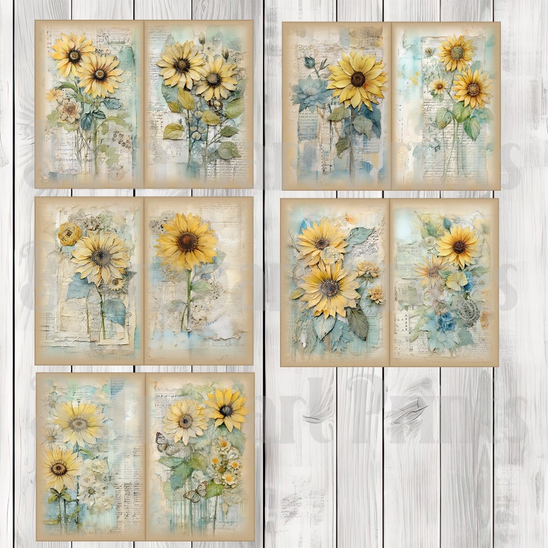 Romantic Blue Sunflowers - Journal Paper, Junk Journal Pages, Flower Junk Journal Paper, Printable Journal, Scrapbook Paper, Digital Paper