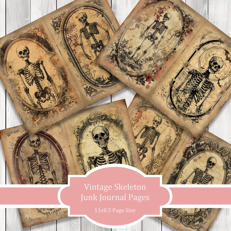 Vintage Skeleton Journal Paper Set, Junk Journal Pages, Flower Junk Journal Paper, Printable Journal, Scrapbook Paper, Digital Paper