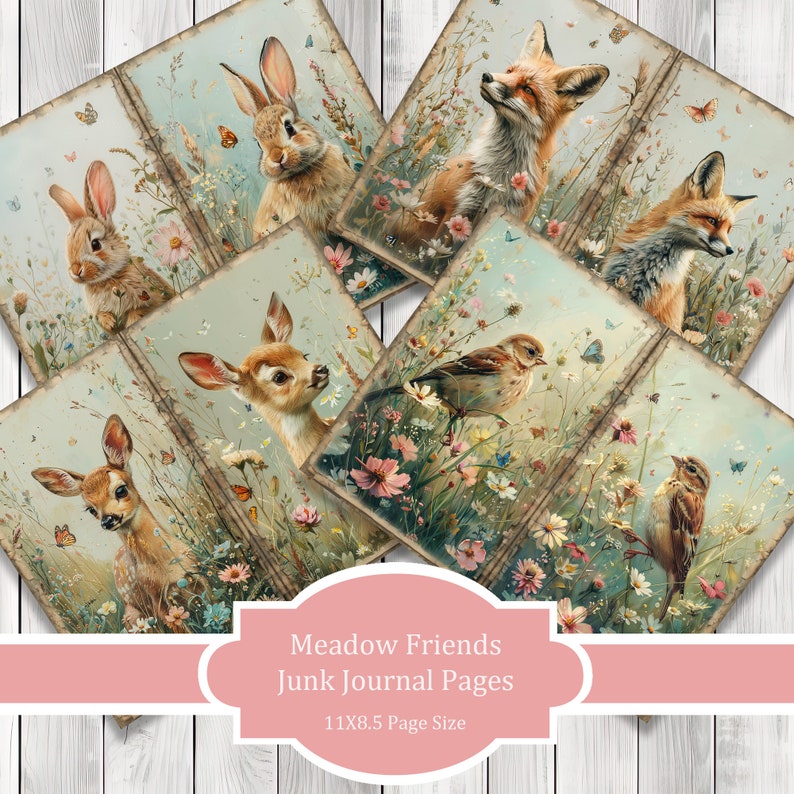 Meadow Friends - Journal Paper Set, Junk Journal Pages, Flower Junk Journal Paper, Printable Journal, Scrapbook Paper, Digital Paper
