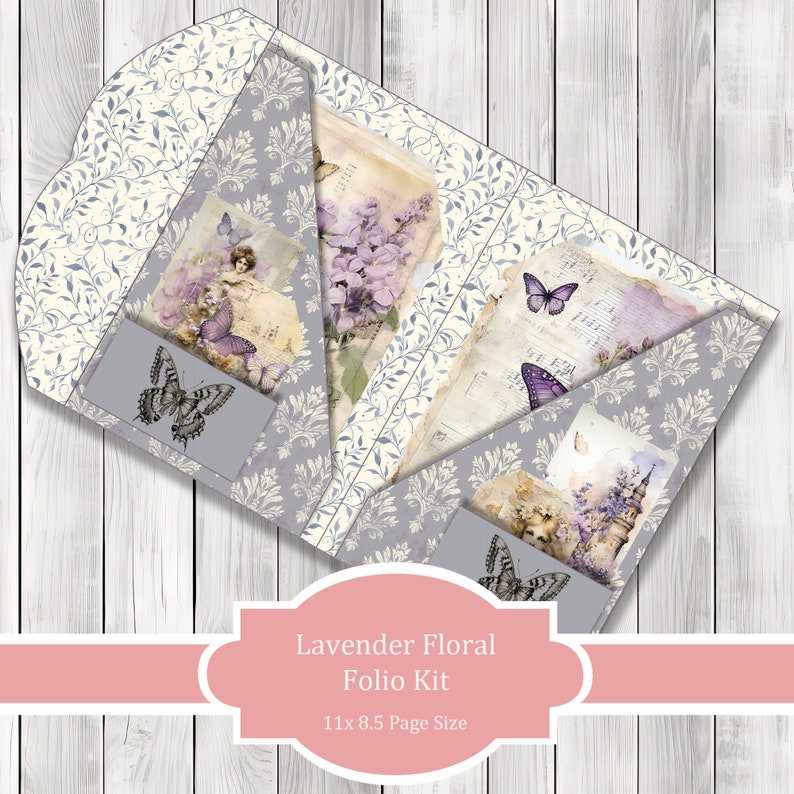 Lavender Floral Folio Kit - Journal Paper Set, Junk Journal Folio, Printable Journal, Scrapbook Paper, Vintage Butterfly