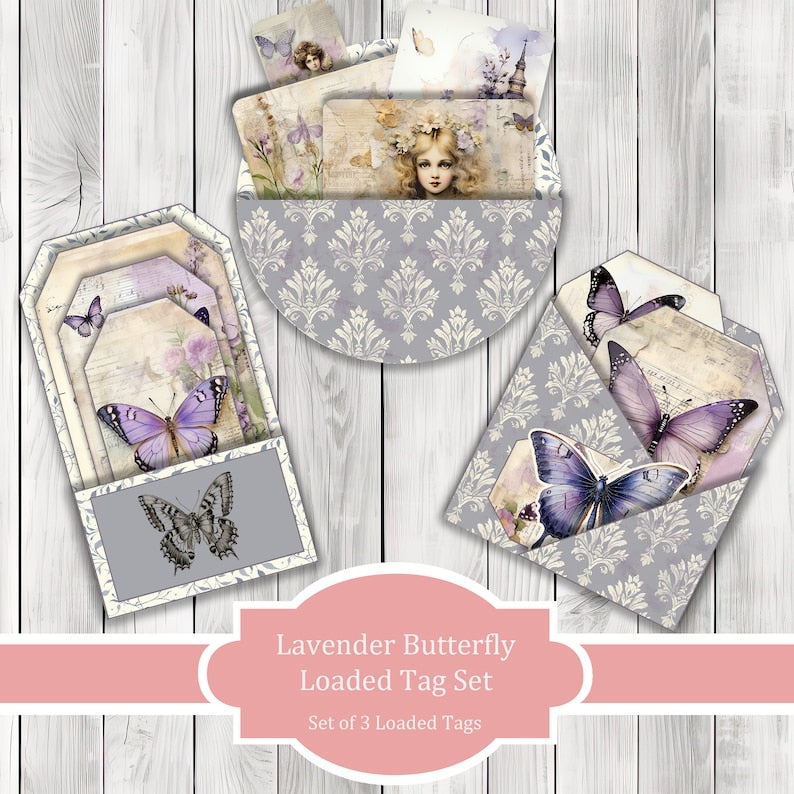 Lavender Butterfly Loaded Tag Kit - Purple - Loaded Tags | Ephemera Labels | Paper Craft | Junk Journal Images Clip Art | Fussy Cut