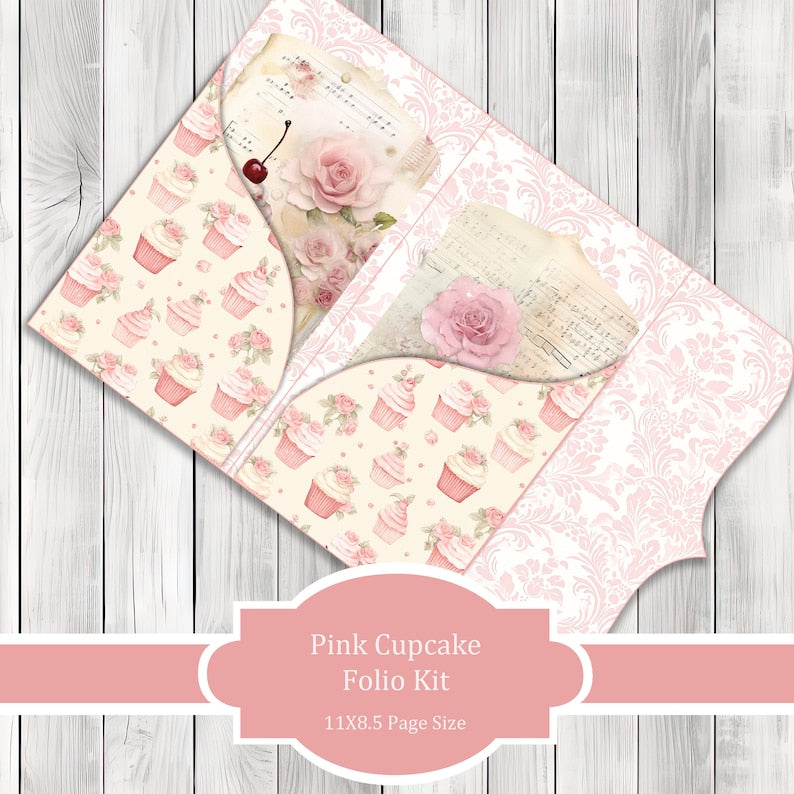 Pink Cupcakes Folio Kit - Journal Paper Set, Junk Journal Pages, Junk Journal Folio, Printable Journal, Scrapbook Paper, Vintage Cupcakes