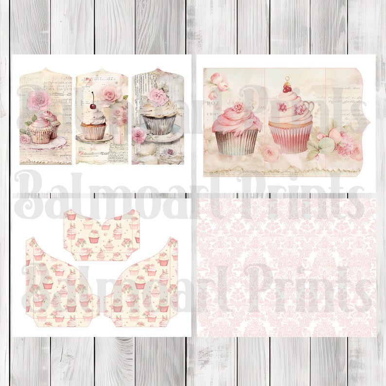 Pink Cupcakes Folio Kit - Journal Paper Set, Junk Journal Pages, Junk Journal Folio, Printable Journal, Scrapbook Paper, Vintage Cupcakes