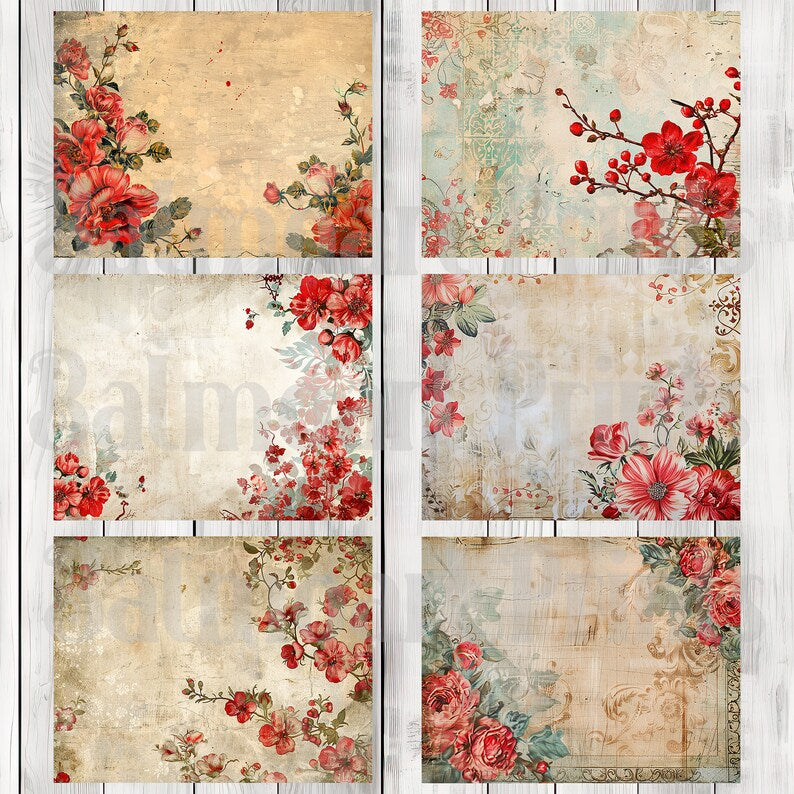 Shabby Chic Red Floral - Journal Paper Set, Junk Journal Pages, Junk Journal Paper, Printable Journal, Scrapbook Paper, Digital Paper