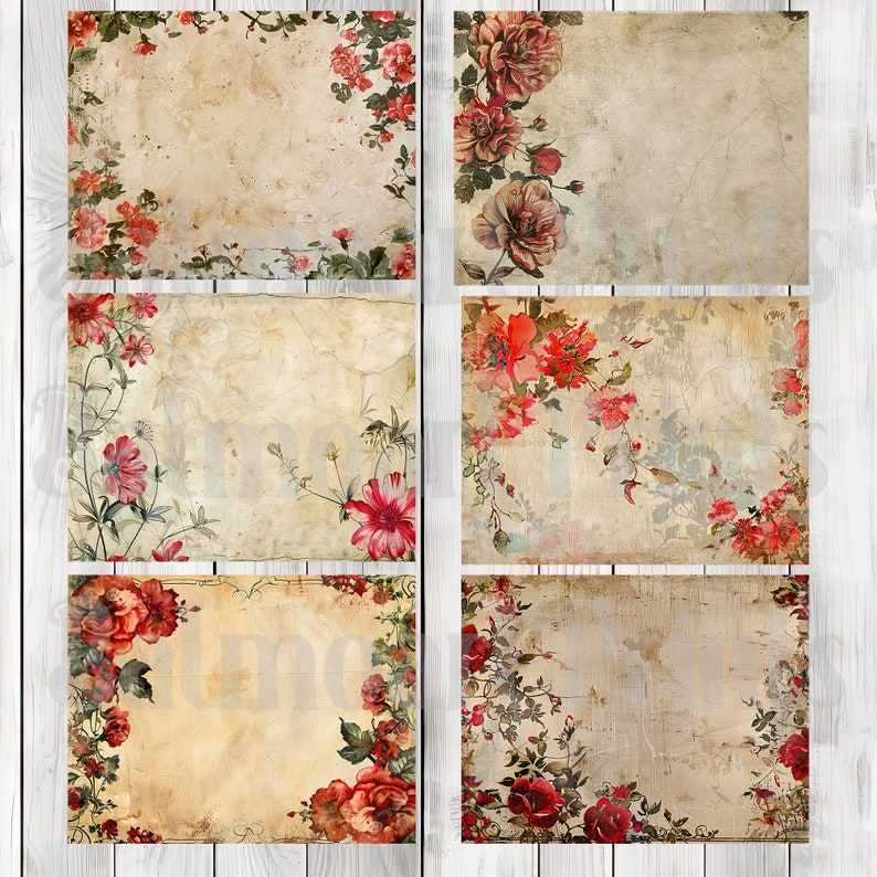 Shabby Chic Red Floral - Journal Paper Set, Junk Journal Pages, Junk Journal Paper, Printable Journal, Scrapbook Paper, Digital Paper
