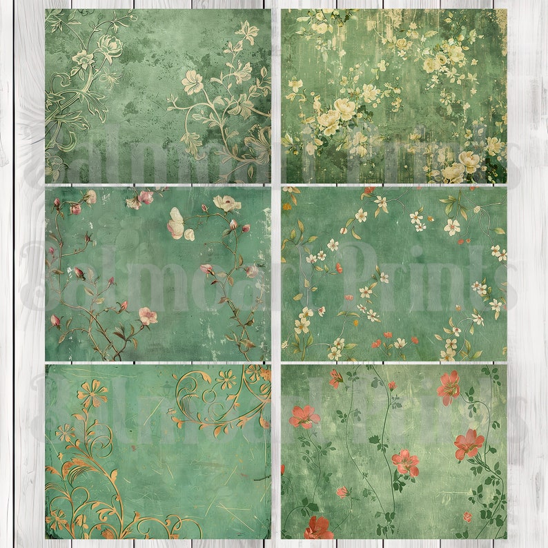 Green Nouveau- Journal Paper Set, Junk Journal Pages, Junk Journal Paper, Printable Journal, Scrapbook Paper, Digital Paper
