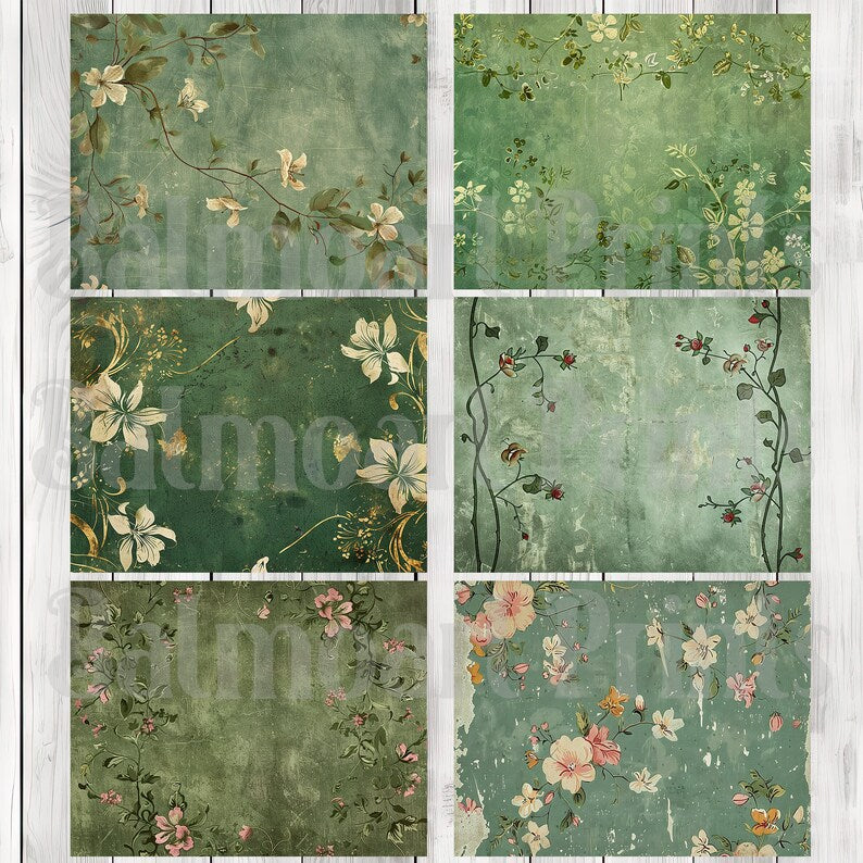 Green Nouveau- Journal Paper Set, Junk Journal Pages, Junk Journal Paper, Printable Journal, Scrapbook Paper, Digital Paper