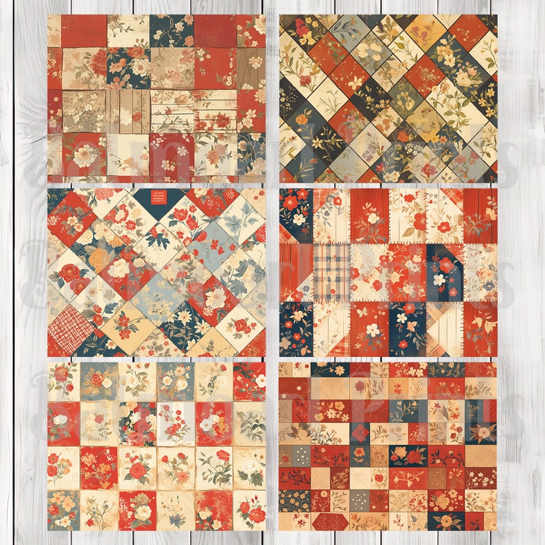 Red and Blue Patchwork - Journal Paper Set, Junk Journal Pages, Junk Journal Paper, Printable Journal, Scrapbook Paper, Digital Paper