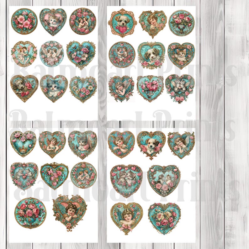 Vintage Turquoise Valentines Fussy Cuts - Junk Journal , Printable Journal, Journal Tags, Junk Journal Ephemera, Digital Vintage Images