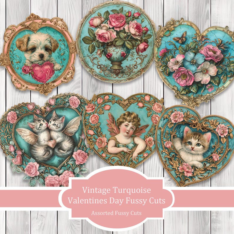 Vintage Turquoise Valentines Fussy Cuts - Junk Journal , Printable Journal, Journal Tags, Junk Journal Ephemera, Digital Vintage Images