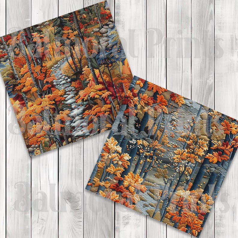 Embroidered Autumn Forest - Seamless Pattern - Digital Paper - Printable Journal, Scrapbook Paper, Seamless