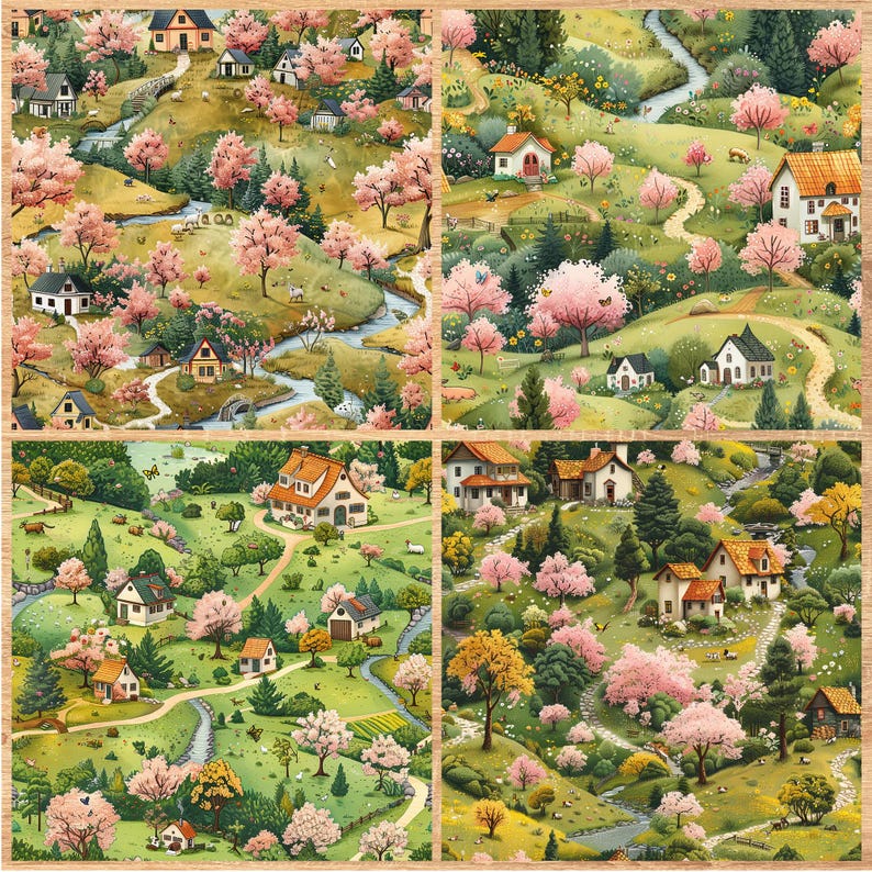 Spring Village - Seamless Pattern - Digital Paper - Printable Journal, Scrapbook Paper, Seamless
