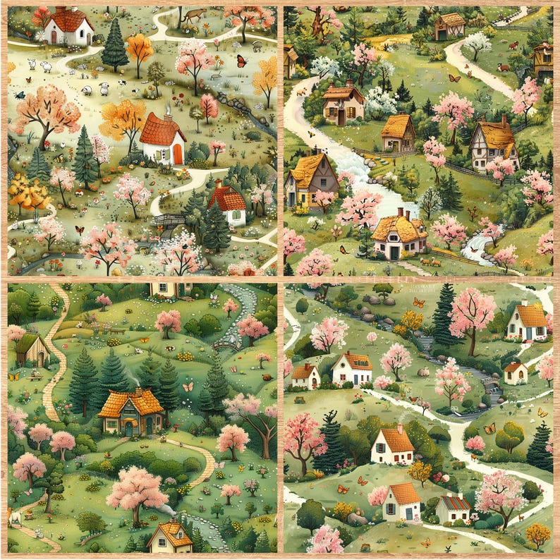 Spring Village - Seamless Pattern - Digital Paper - Printable Journal, Scrapbook Paper, Seamless