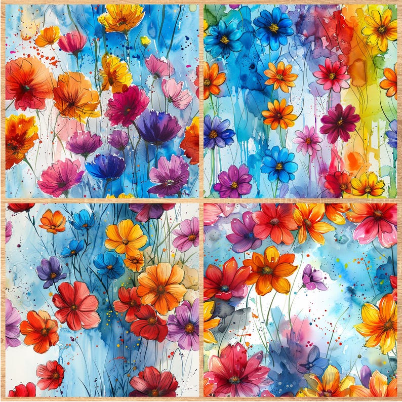 Rainbow Watercolor Florals - Seamless Pattern - Digital Paper - Printable Journal, Scrapbook Paper, Seamless