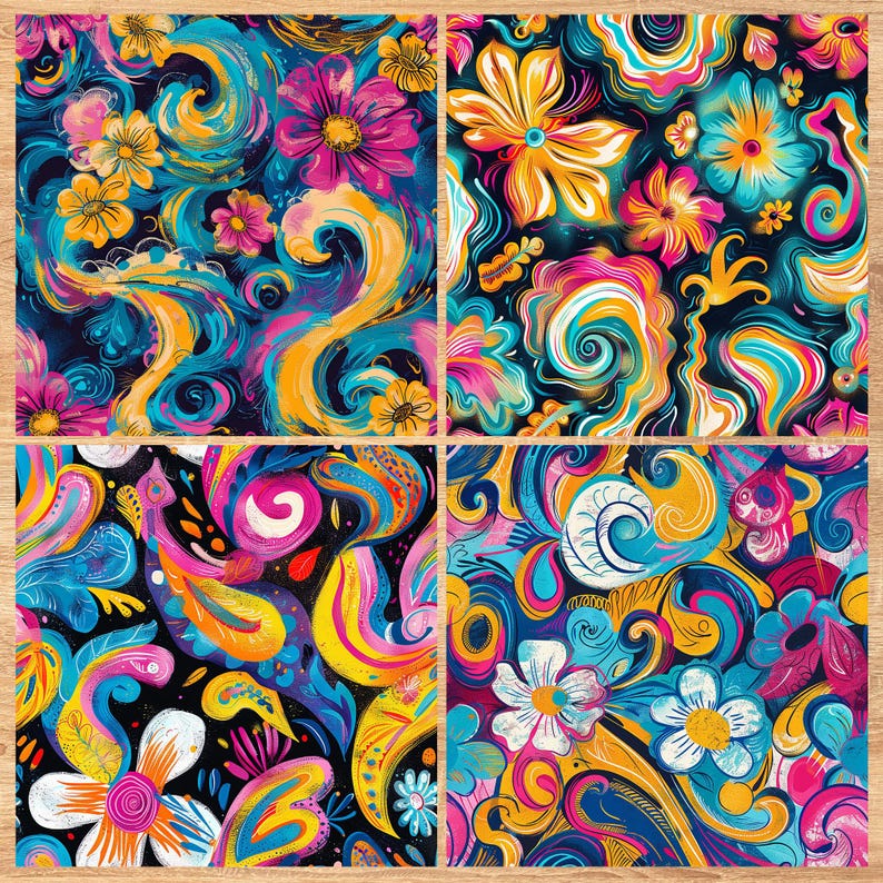 Psychedelic Swirls and Flowers - Seamless Pattern - Digital Paper - Printable Journal, Scrapbook Paper, Seamless