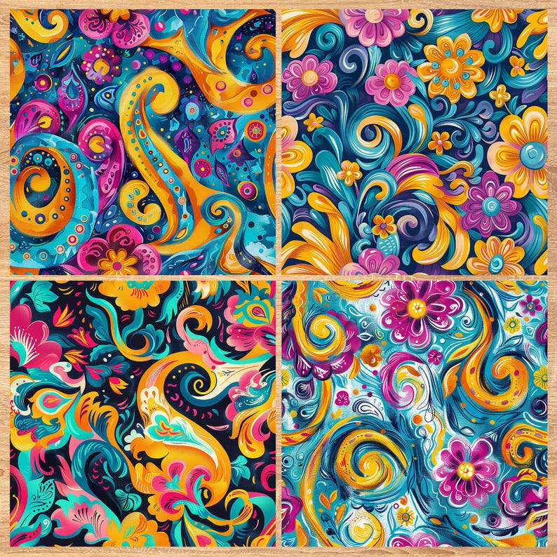 Psychedelic Swirls and Flowers - Seamless Pattern - Digital Paper - Printable Journal, Scrapbook Paper, Seamless