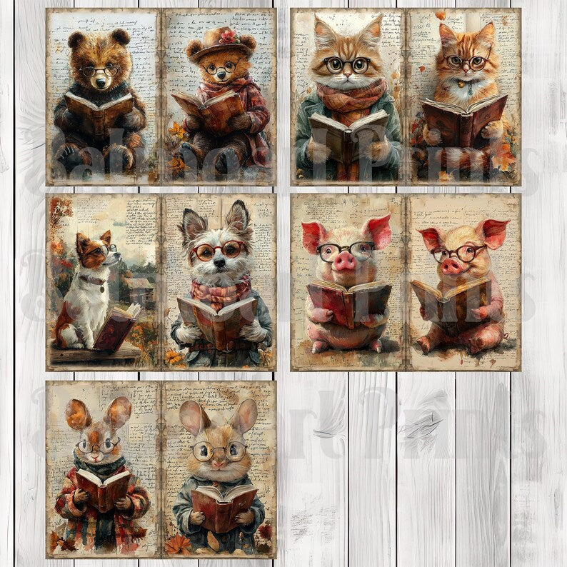 Reading Animals - Journal Paper Set, Junk Journal Pages, Flower Junk Journal Paper, Printable Journal, Scrapbook Paper, Digital Paper