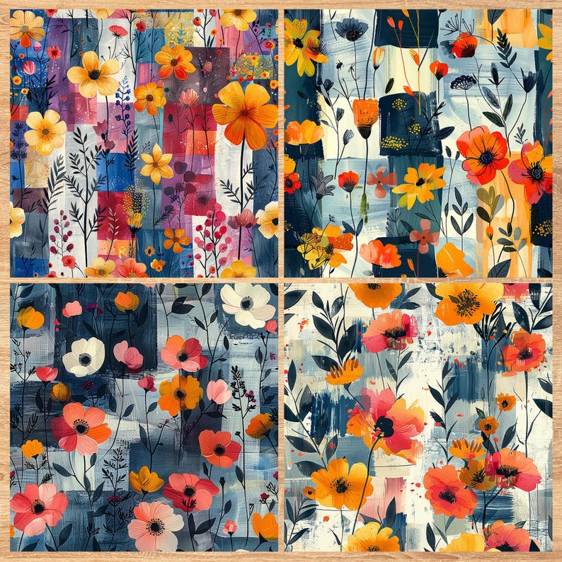 Wildflower Patchwork - Seamless Pattern - Digital Paper - Printable Journal, Scrapbook Paper, Seamless
