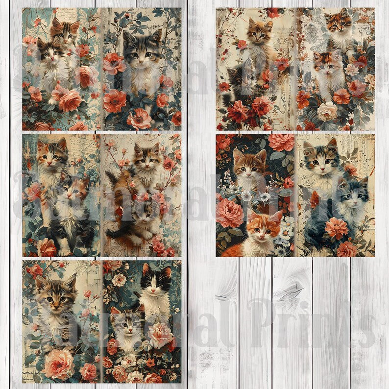 Vintage Floral Cats - Journal Paper Set, Junk Journal Pages, Flower Junk Journal Paper, Printable Journal, Scrapbook Paper, Digital Paper