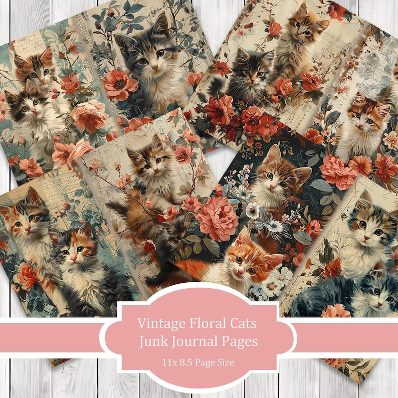 Vintage Floral Cats - Journal Paper Set, Junk Journal Pages, Flower Junk Journal Paper, Printable Journal, Scrapbook Paper, Digital Paper