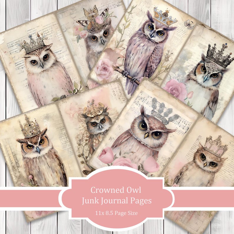 Crowned Owls - Journal Paper Set, Junk Journal Pages, Flower Junk Journal Paper, Printable Journal, Scrapbook Paper, Digital Paper