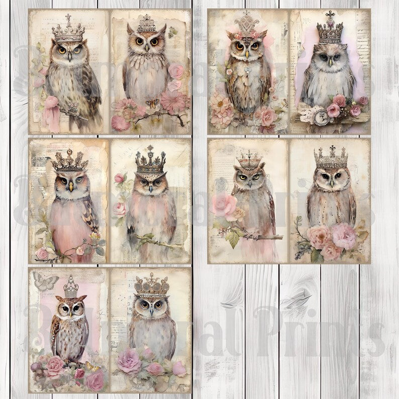 Crowned Owls - Junk Journal Kit, Journal Pages, Papers, Ephemera, Tags, Printable, Scrapbook Kit, Digital Download