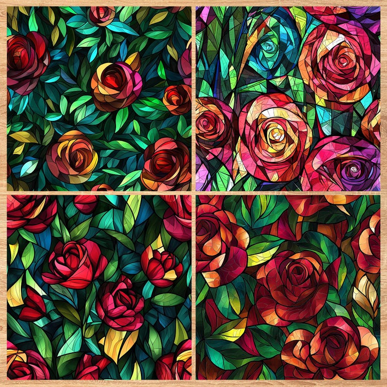 Rose Stained Glass - Seamless Pattern - Digital Paper - Printable Journal, Scrapbook Paper, Seamless