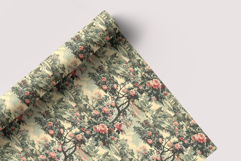 Rose Garden Toile - Seamless Pattern - Digital Paper - Printable Journal, Scrapbook Paper, Seamless