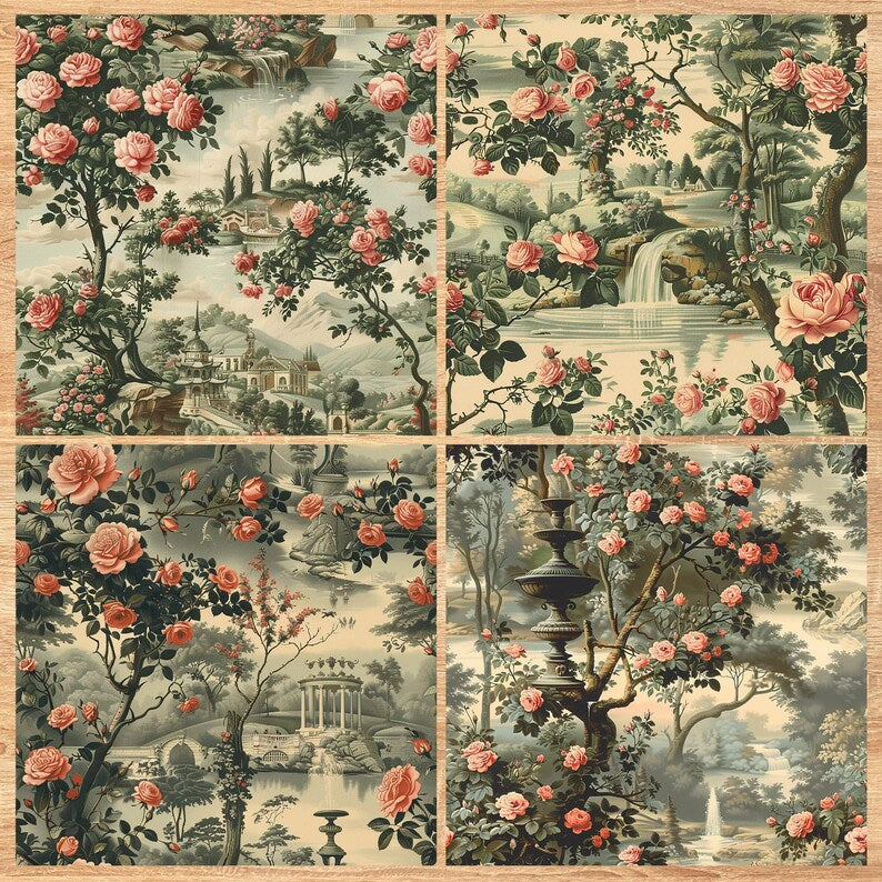 Rose Garden Toile - Seamless Pattern - Digital Paper - Printable Journal, Scrapbook Paper, Seamless