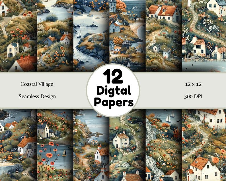 Coastal Village - Seamless Pattern - Digital Paper - Printable Journal, Scrapbook Paper, Seamless