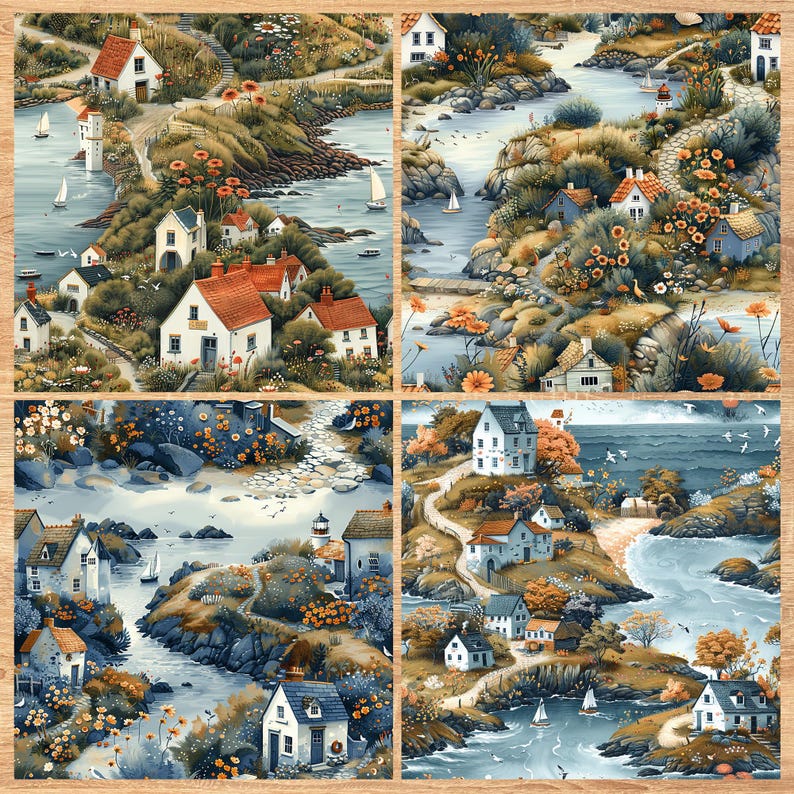 Coastal Village - Seamless Pattern - Digital Paper - Printable Journal, Scrapbook Paper, Seamless