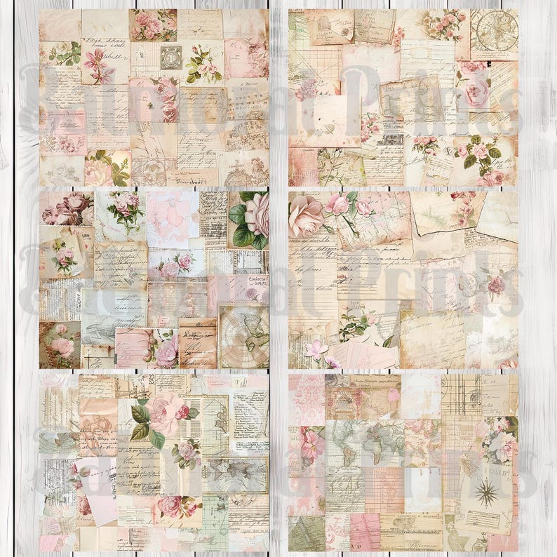 Shabby Chic Collage Pink - Journal Paper Set, Junk Journal Pages, Junk Journal Paper, Printable Journal, Scrapbook Paper, Digital Paper