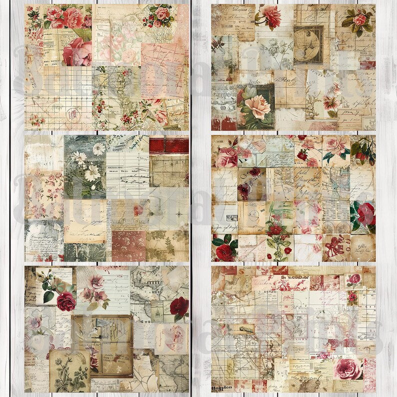 Shabby Chic Collage Red - Journal Paper Set, Junk Journal Pages, Junk Journal Paper, Printable Journal, Scrapbook Paper, Digital Paper