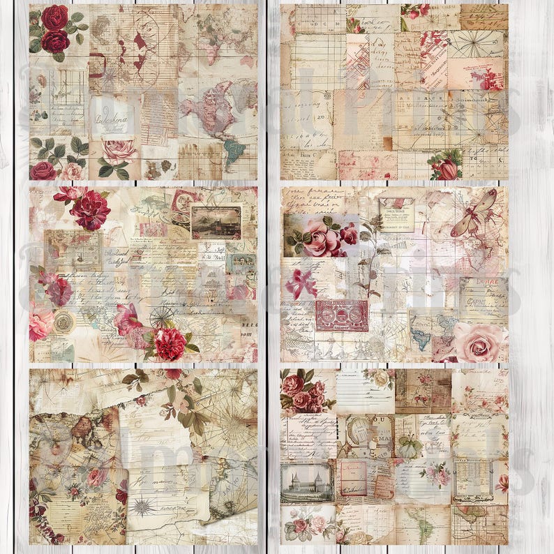 Shabby Chic Collage Red - Journal Paper Set, Junk Journal Pages, Junk Journal Paper, Printable Journal, Scrapbook Paper, Digital Paper