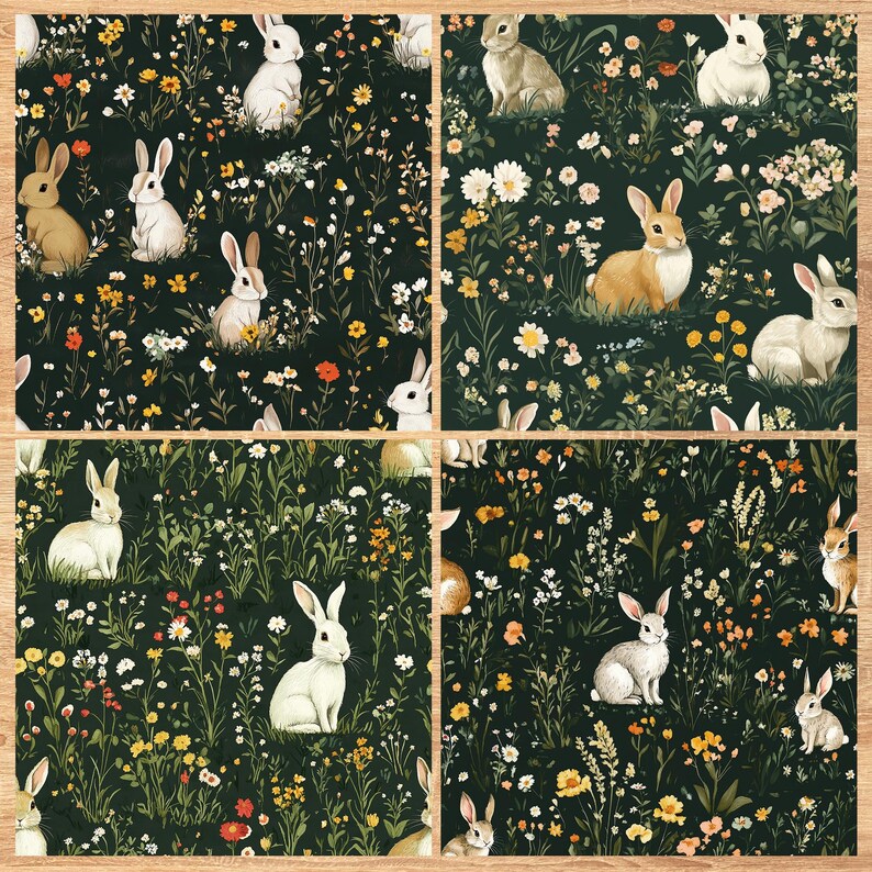 Bunnies on Dark Green - Seamless Pattern - Digital Paper - Printable Journal, Scrapbook Paper, Seamless