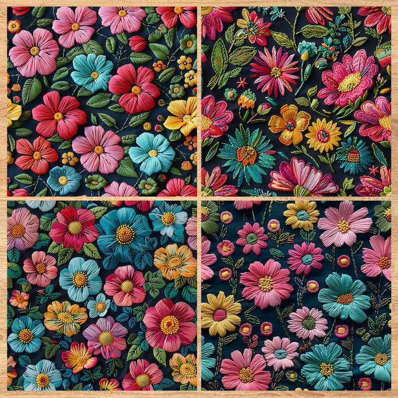 Embroidered Flowers - Seamless Pattern - Digital Paper - Printable Journal, Scrapbook Paper, Seamless