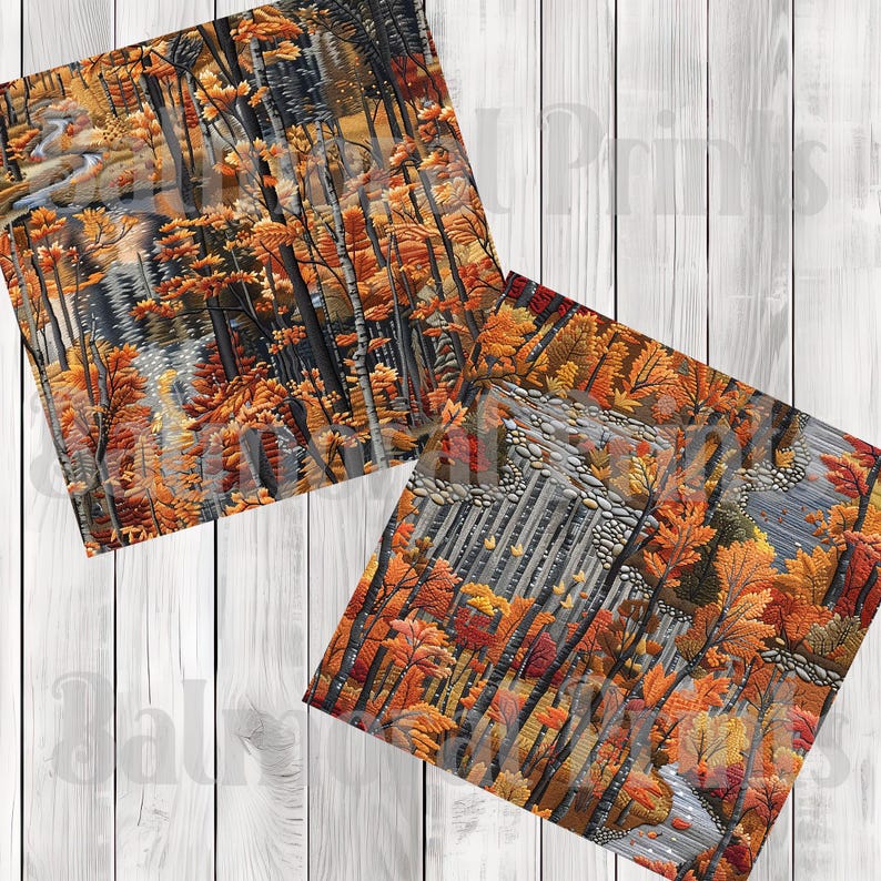 Embroidered Autumn Forest - Seamless Pattern - Digital Paper - Printable Journal, Scrapbook Paper, Seamless