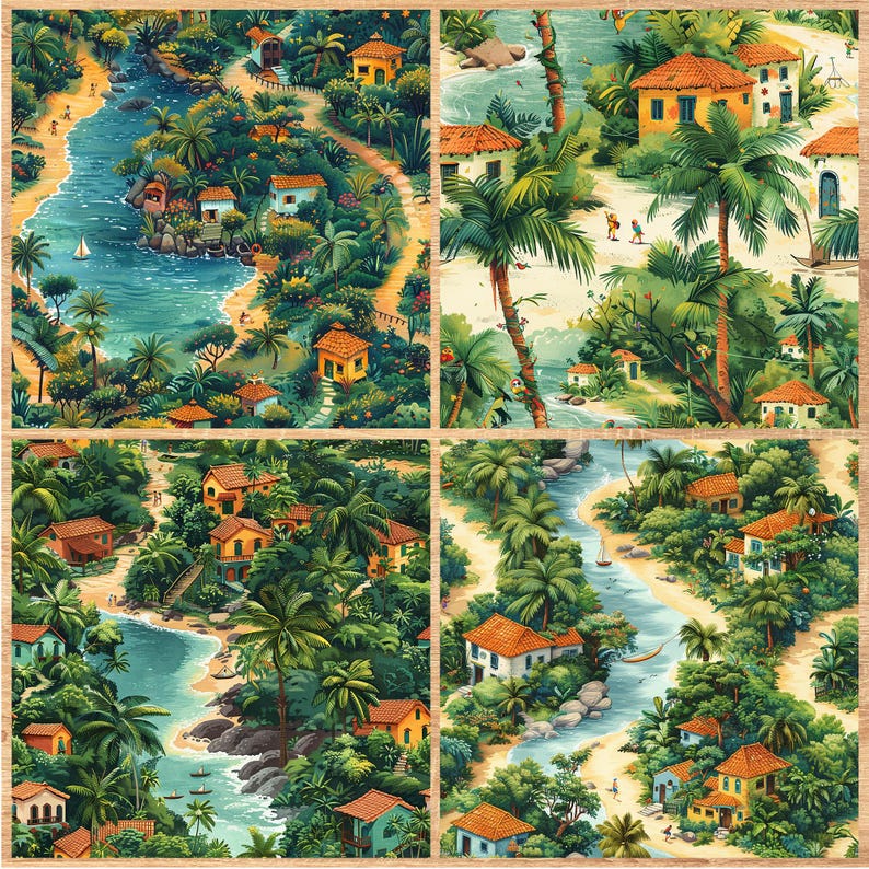 Tropical Village - Seamless Pattern - Digital Paper - Printable Journal, Scrapbook Paper, Seamless