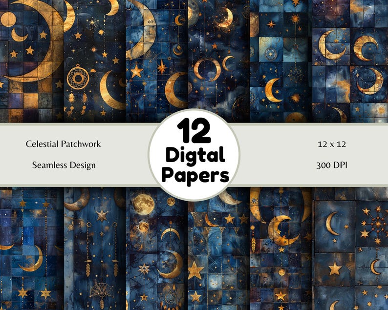 Celestial Patchwork - Seamless Pattern - Digital Paper - Printable Journal, Scrapbook Paper, Seamless