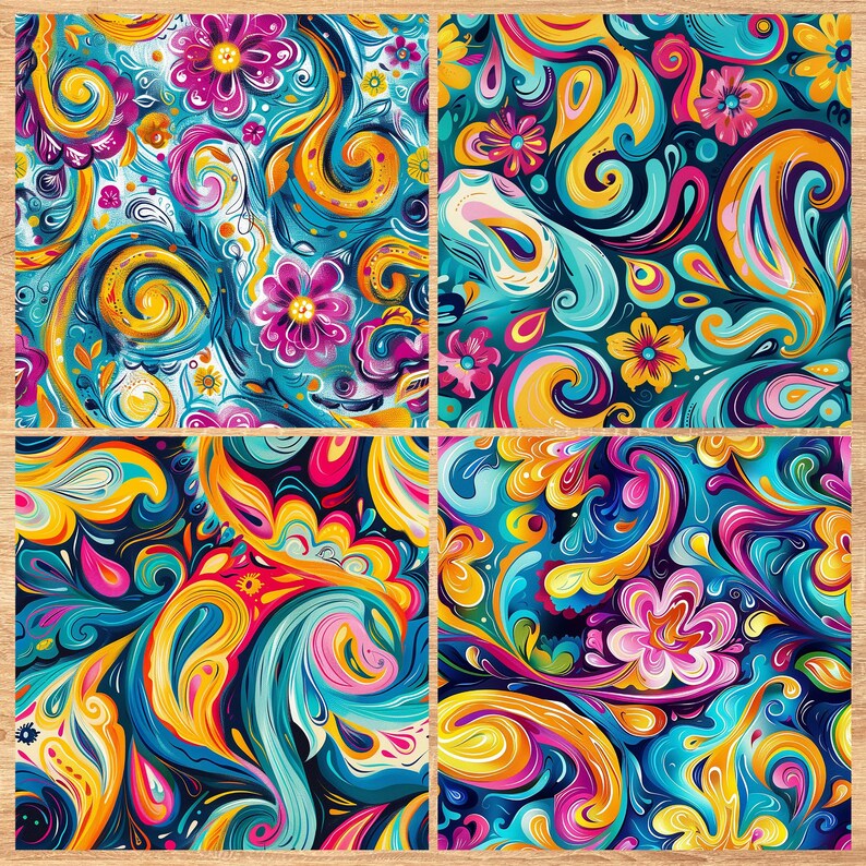 Psychedelic Swirls and Flowers - Seamless Pattern - Digital Paper - Printable Journal, Scrapbook Paper, Seamless
