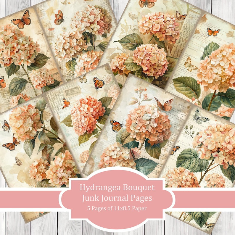 Hydrangea Bouquet - Journal Paper Set, Junk Journal Pages, Flower, Journal Paper, Printable Journal, Scrapbook Paper, Digital Paper