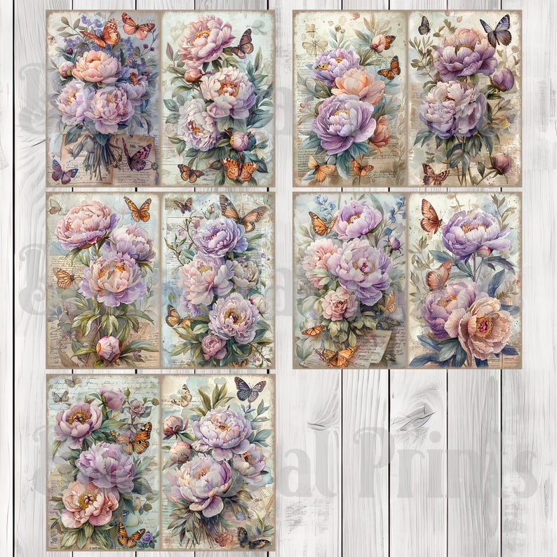 Peony Bouquet - Journal Paper Set, Junk Journal Pages, Flower, Journal Paper, Printable Journal, Scrapbook Paper, Digital Paper