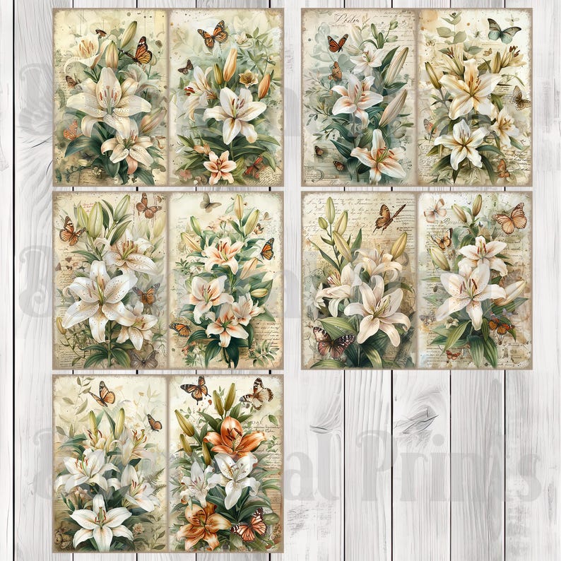 Lily Bouquet - Junk Journal Pages, Journal Paper Set, Flowers, Journal Paper, Printable Journal, Scrapbook Paper, Digital Paper
