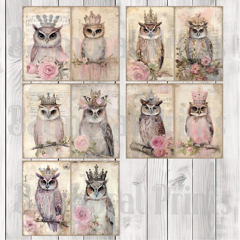 Crowned Owls - Journal Paper Set, Junk Journal Pages, Flower Junk Journal Paper, Printable Journal, Scrapbook Paper, Digital Paper